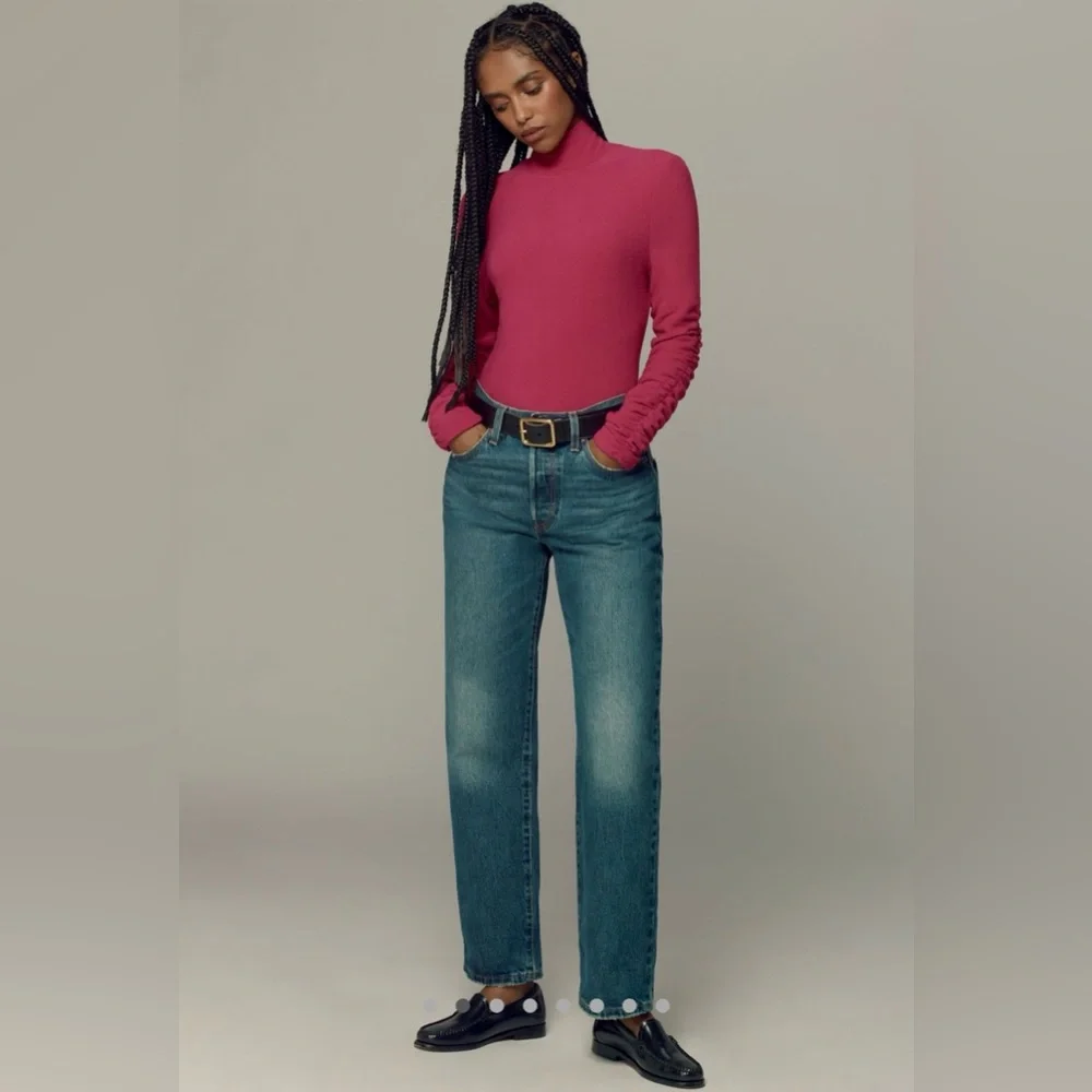 By Anthropologie Ruched-Sleeve Turtleneck Top in Raspberry size Small - Picture 3 of 9